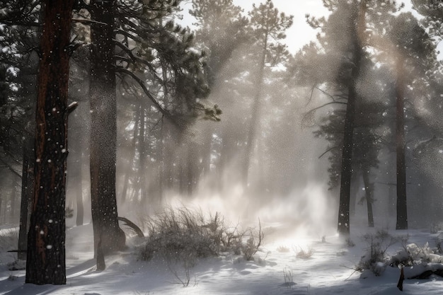 Tormenta de nieve azotando el bosque trayendo consigo nieve y viento