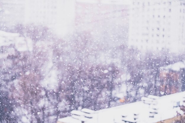 Tormenta de nieve, copos de nieve borrosos, ciudad cubierta de nieve y árboles a la vista desde el décimo piso. Tonificado con humor navideño.