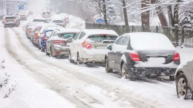 Foto la tormenta de nieve cubre las carreteras causando un tráfico lento