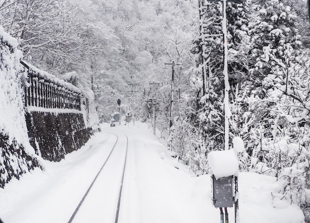 Tormenta de nieve con poca visibilidad en las vías del tren. Temporada de invierno en la ciudad de Toyama, Japón.