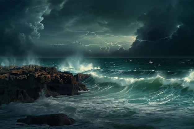 Una tormenta en el océano con un cielo oscuro y una tormenta en el horizonte