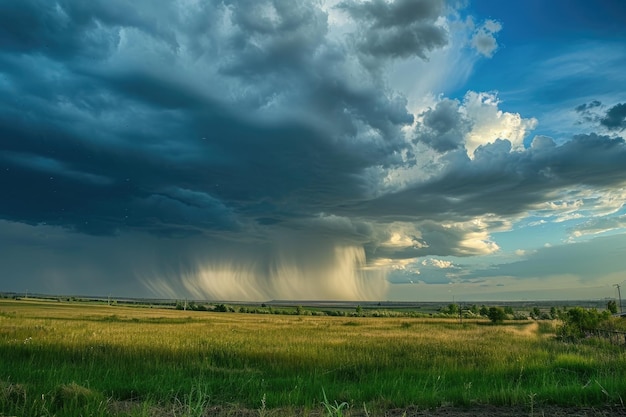 Tormenta en el paisaje verde de la ciudad con nubes oscuras y cálidas