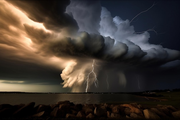 Una tormenta con un rayo en la parte superior