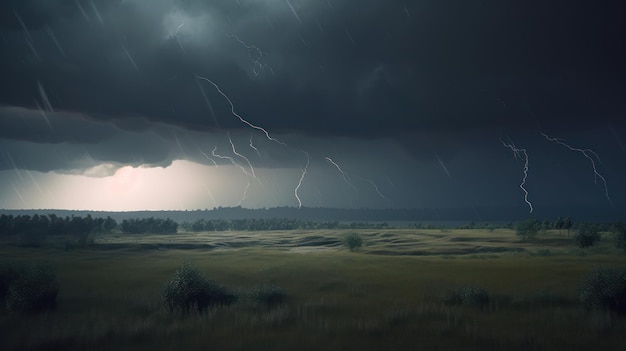 Una tormenta con rayos cae sobre un campo