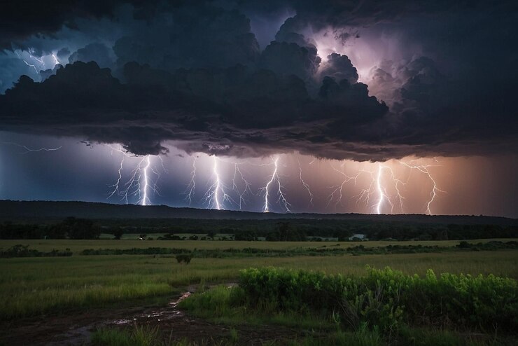 Foto tormenta de relámpagos en el cielo sobre un campo de hierba y árboles