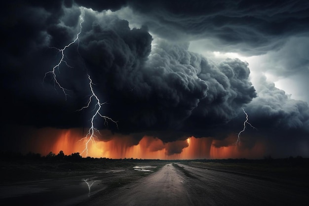 una tormenta con relámpagos en el cielo