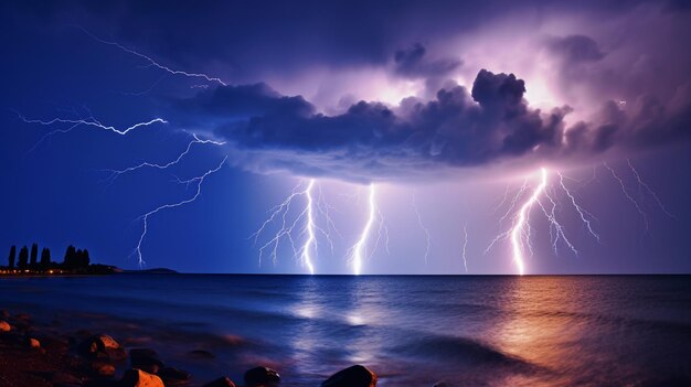 Foto tormenta de relámpagos sobre el mar negro