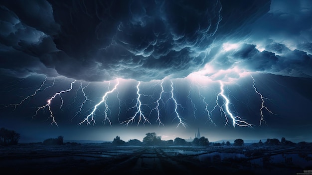 una tormenta de relámpagos sobre un paisaje rural