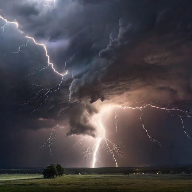 Foto una tormenta con relámpagos, truenos, lluvias torrenciales y un tornado en remolino.