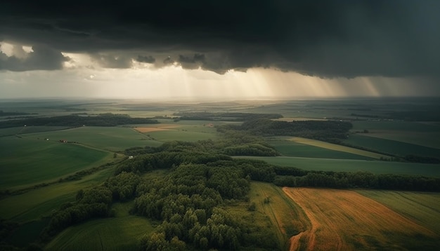 Una tormenta sobre un campo con un campo y árboles.
