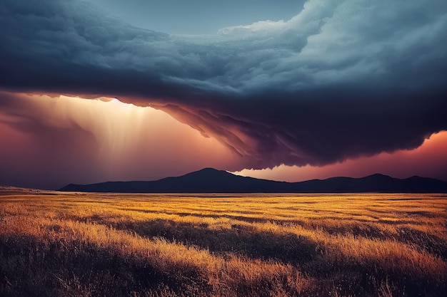 Una tormenta sobre un campo con montañas al fondo.