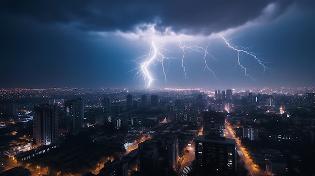 Foto tormenta sobre la ciudad en luz púrpura