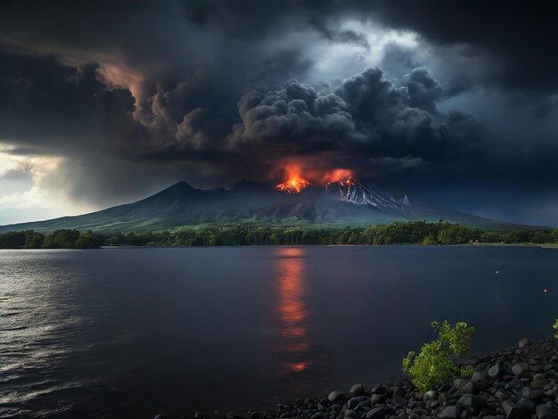 Una tormenta sobre un lago con un cielo oscuro y un volcán en el fondo Descarga gratuita