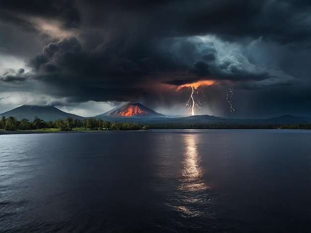 Una tormenta sobre un lago con un cielo oscuro y un volcán en el fondo Descarga gratuita