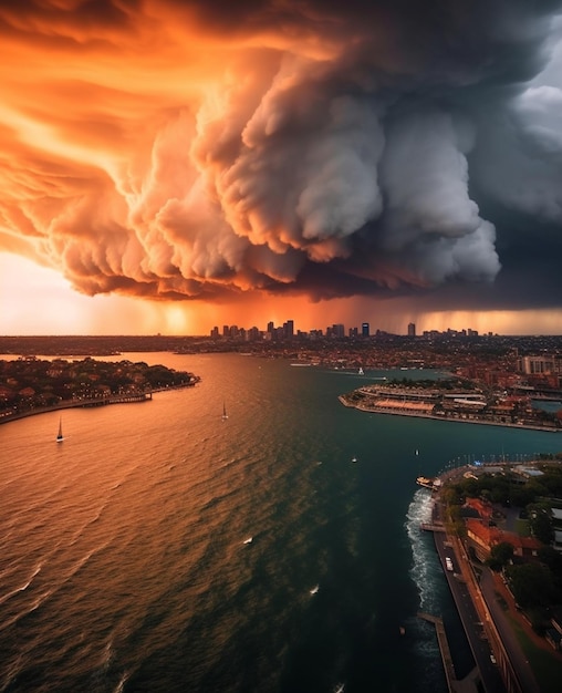 Foto una tormenta sobre sydney con una ciudad al fondo