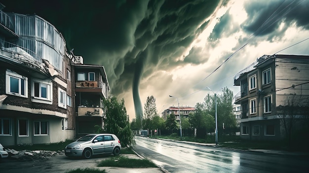 Tormenta con tornado en la ciudad generativa ai.