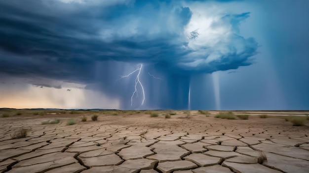 Foto tormenta de trueno cielo nubes de lluvia agrietado tierra seca sin agua