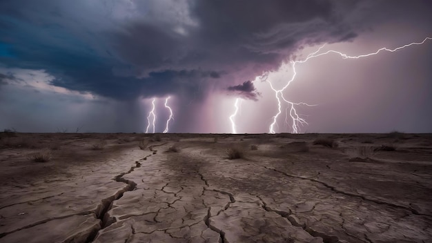 Foto tormenta de trueno cielo nubes de lluvia agrietado tierra seca sin agua