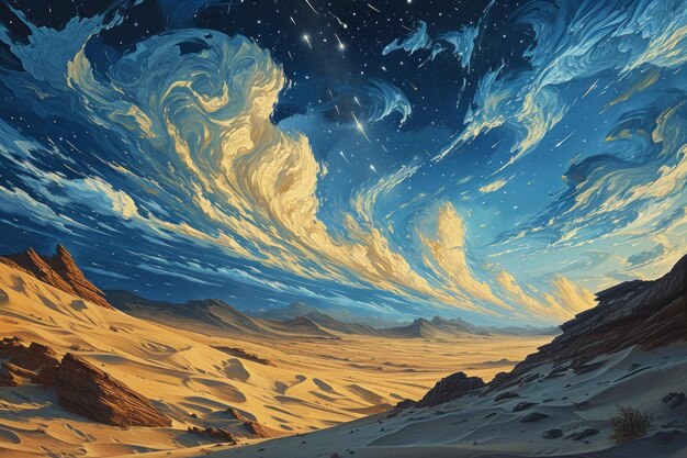 Tormentas de arena estrelladas giratorias pintando el cielo del desierto con una fascinante danza celestial IA generativa