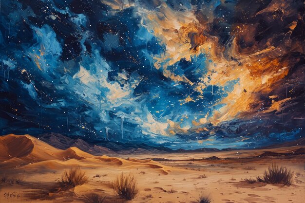 Tormentas de arena estrelladas giratorias pintando el cielo del desierto con una fascinante danza celestial IA generativa