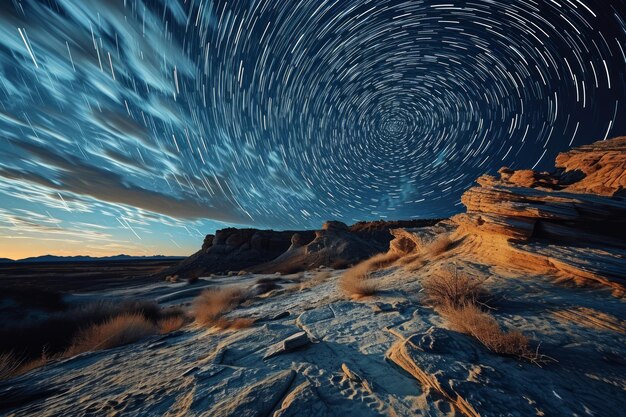 Foto tormentas de arena estrelladas giratorias pintando el cielo del desierto con una fascinante danza celestial ia generativa