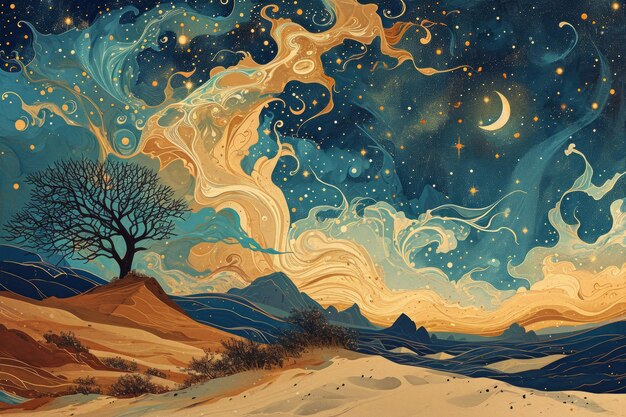 Foto tormentas de arena estrelladas giratorias pintando el cielo del desierto con una fascinante danza celestial ia generativa