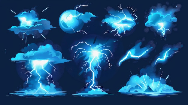 Tormentas azules con destellos bolas de luz y nubes de humo para el diseño de la interfaz de usuario del juego Conjunto de ilustraciones modernas de tormentas azul con destellos