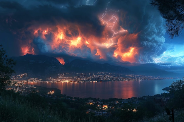 tormentas eléctricas y rayos relámpagos en el cielo oscuro de la noche en verano sobre el lago con las montañas