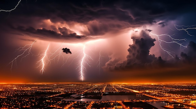 Tormentas eléctricas con relámpagos que iluminan el cielo nocturno sobre la ciudad nocturna IA generativa