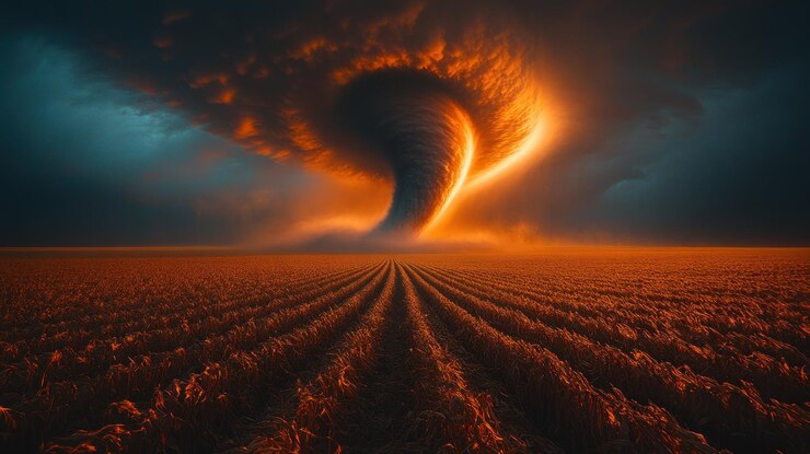Foto un tornado ardiente gira sobre un campo de cultivos al atardecer