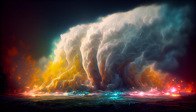 Tornado colorido de fantasía 3d con polvo y salpicaduras de agua en el desierto