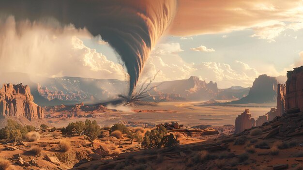 Foto un tornado colosal golpea ferozmente el paisaje del desierto