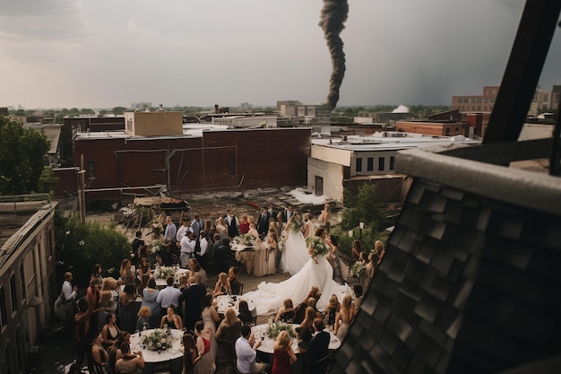 Foto tornado girando através de uma cerimônia de casamento no telhado