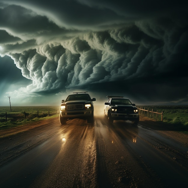 Tornado in der Ferne und sturmverfolgende Fahrzeuge