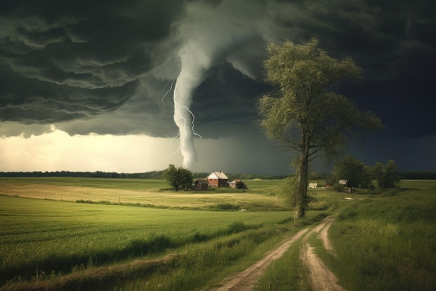 Foto tornado nähert sich einer ländlichen landschaft, die mit generativer ki erstellt wurde