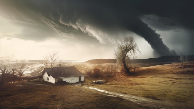 Tornado en paisaje tormentoso cambio climático y concepto de desastres naturales