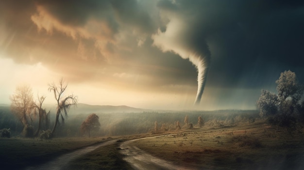 Tornado en paisaje tormentoso cambio climático y concepto de desastres naturales