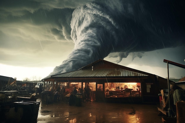 Foto tornado se formando sobre um campus universitário com estudantes