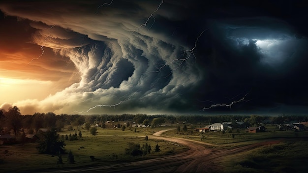 Tornado sinistro e escuro começa a se formar à distância, suas nuvens rodopiantes e ventos poderosos, criando uma sensação de presságio e forças naturais inspiradoras geradas por IA