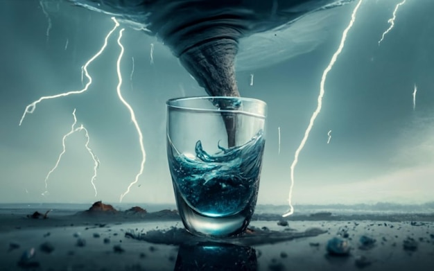 Foto un tornado en un vaso de agua una tormenta en un vidrio de agua