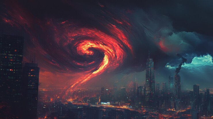 Tornado de vórtice ardiente sobre la ciudad por la noche