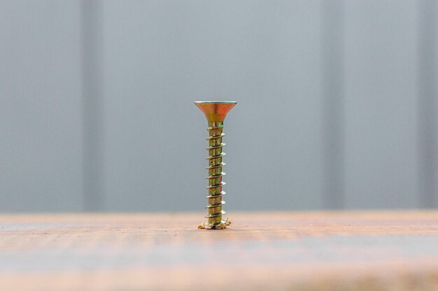 El tornillo de metal se incrustó en la superficie de la tabla de madera con un concepto de reparación de casa o taller de destornillador