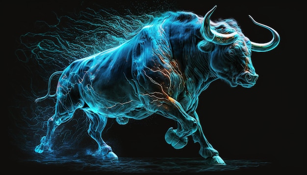Un toro azul con un rayo en él.