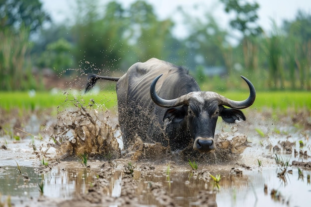 Foto un toro está caminando por un campo fangoso