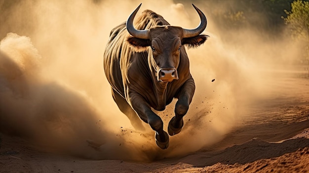 Un toro cargando en un entorno de rancho dinámico