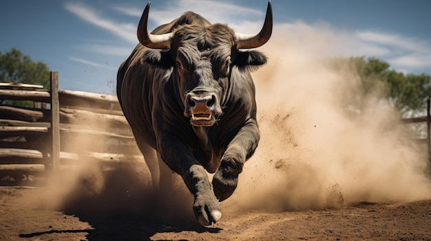 Un toro cargando en un entorno de rancho dinámico