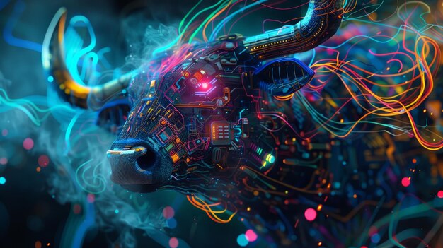 un toro cibernético muy detallado con placas de circuitos electrónicos y ojos láser fondo abstracto