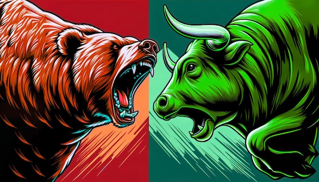Toro contra oso símbolos de las tendencias del mercado de valores feroz batalla de mercado en fondo rojo y verde