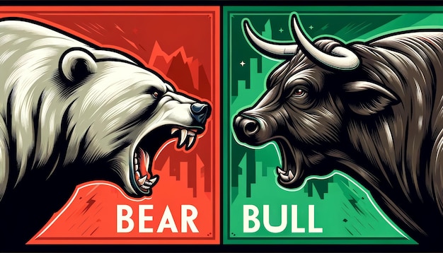 Toro contra oso símbolos de las tendencias del mercado de valores feroz batalla de mercado en fondo rojo y verde
