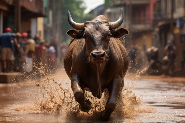 un toro corre por una calle embarrada